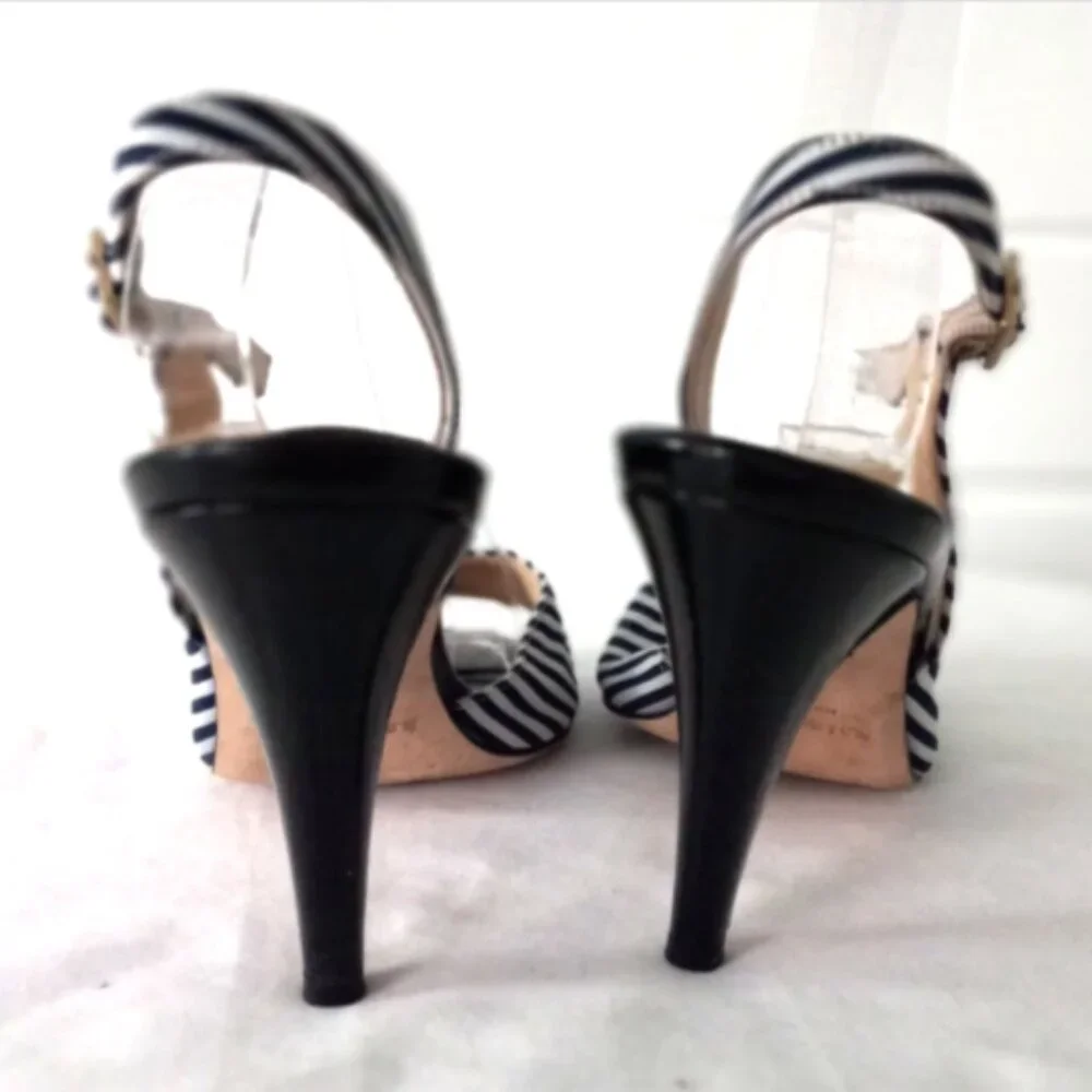 Kate Spade Designer Slingback Heels 6.5B Black White Pinstripe Classic Chic EUC